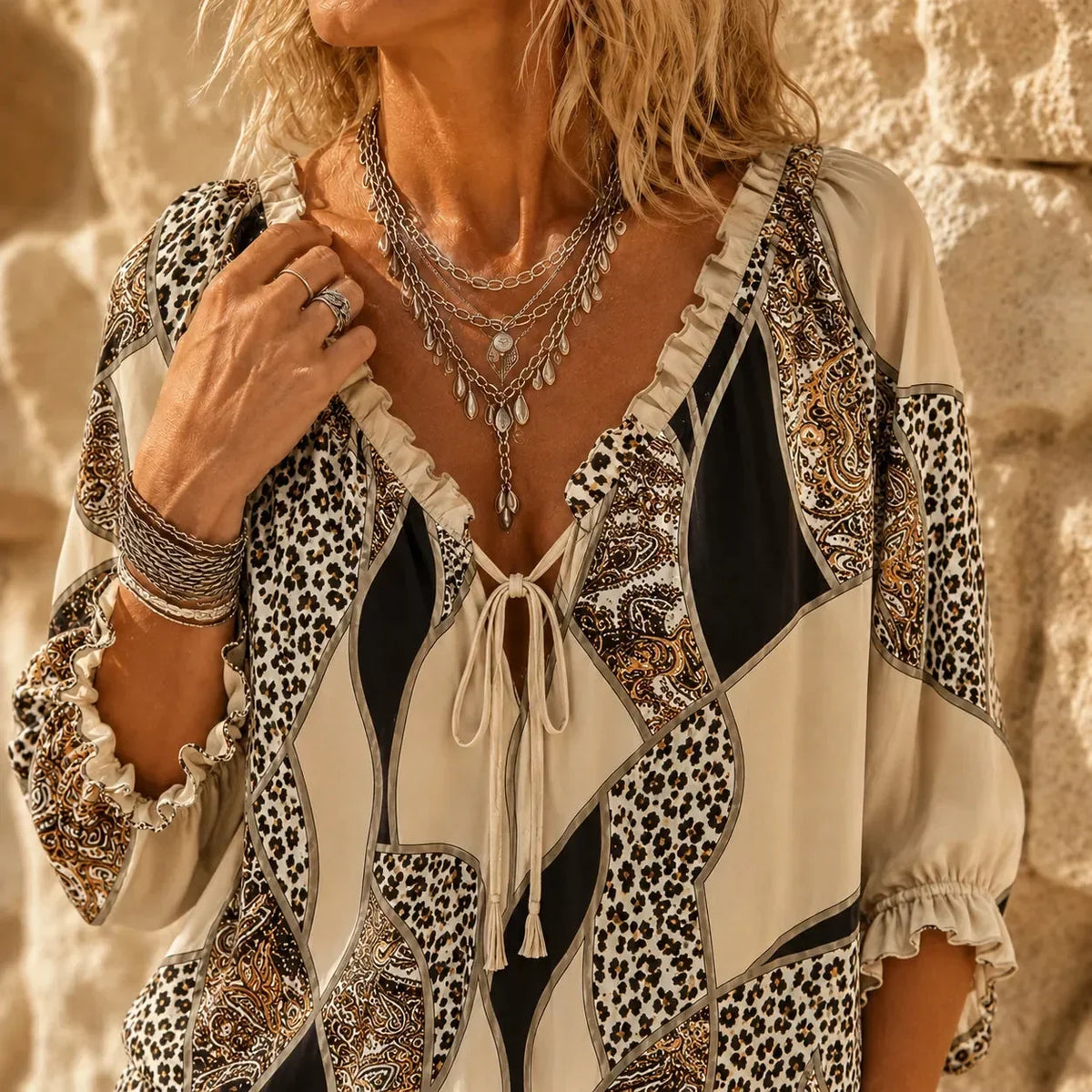 Blouse femme patchwork bohème à col V noué