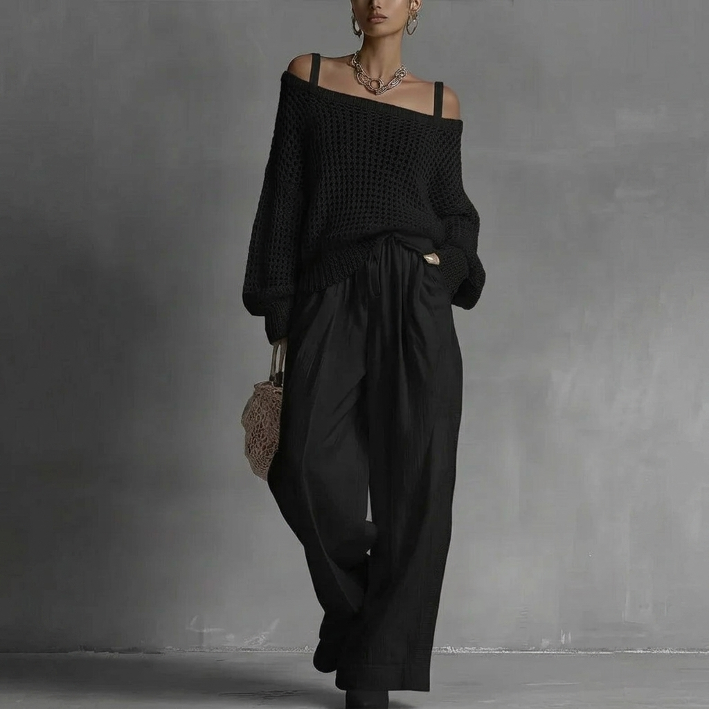 Ensemble femme deux pièces avec pull ajouré et pantalon large