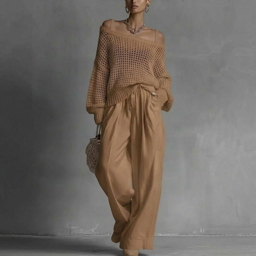 Ensemble femme deux pièces avec pull ajouré et pantalon large