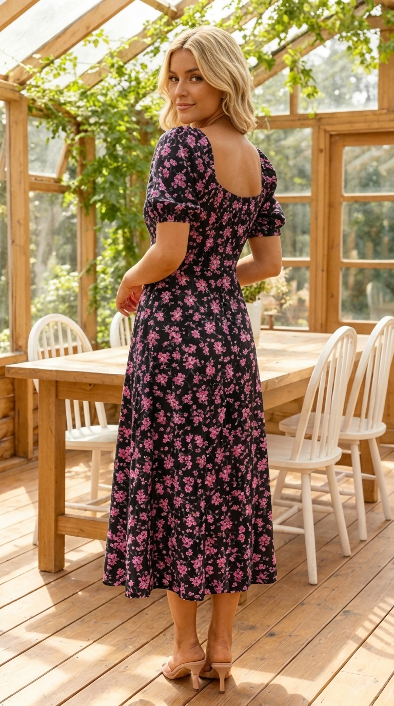 Robe femme midi à imprimé floral avec manches bouffantes