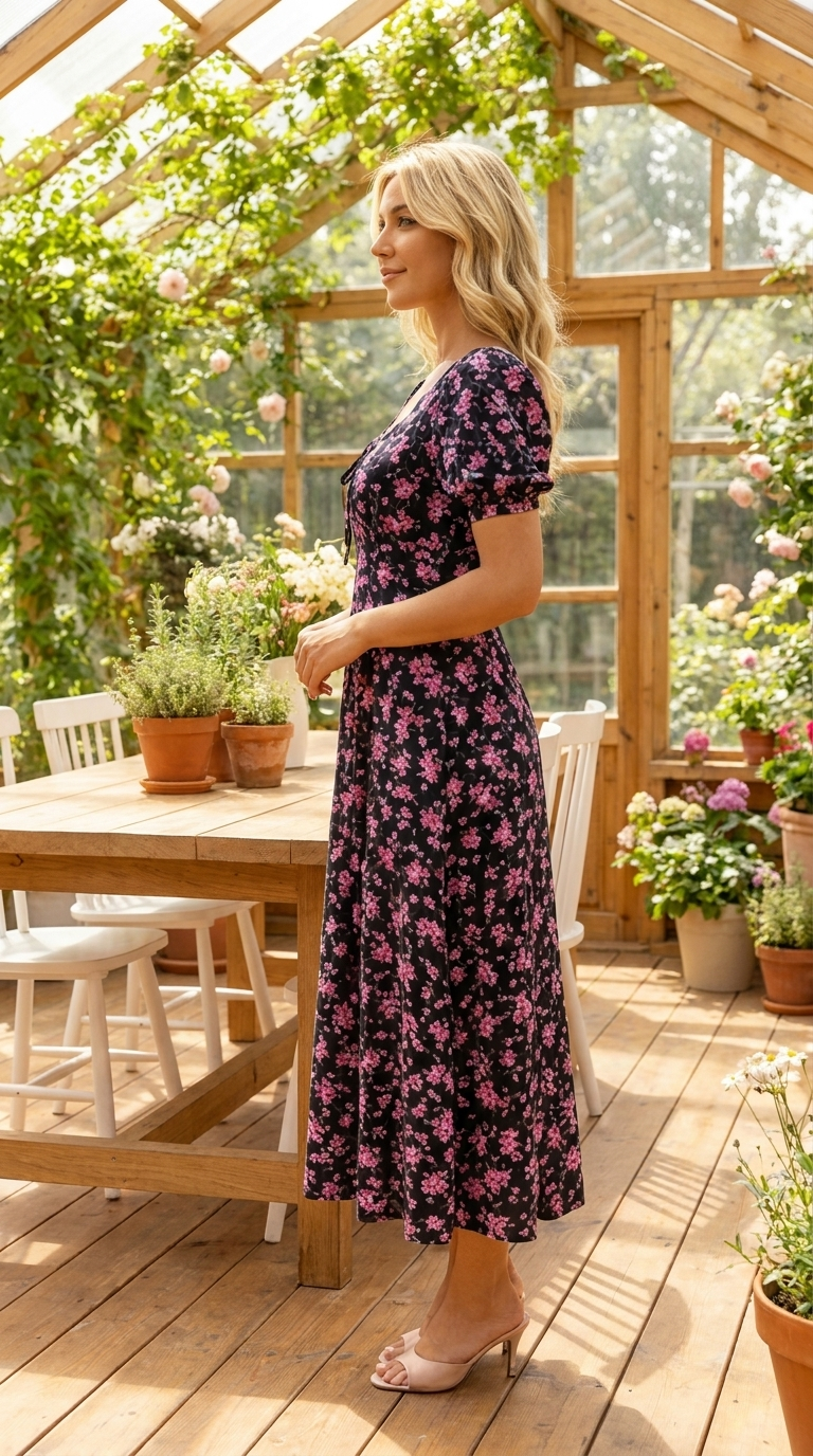 Robe femme midi à imprimé floral avec manches bouffantes