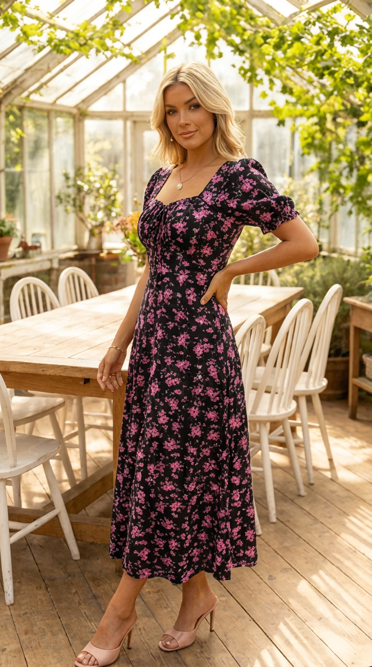 Robe femme midi à imprimé floral avec manches bouffantes
