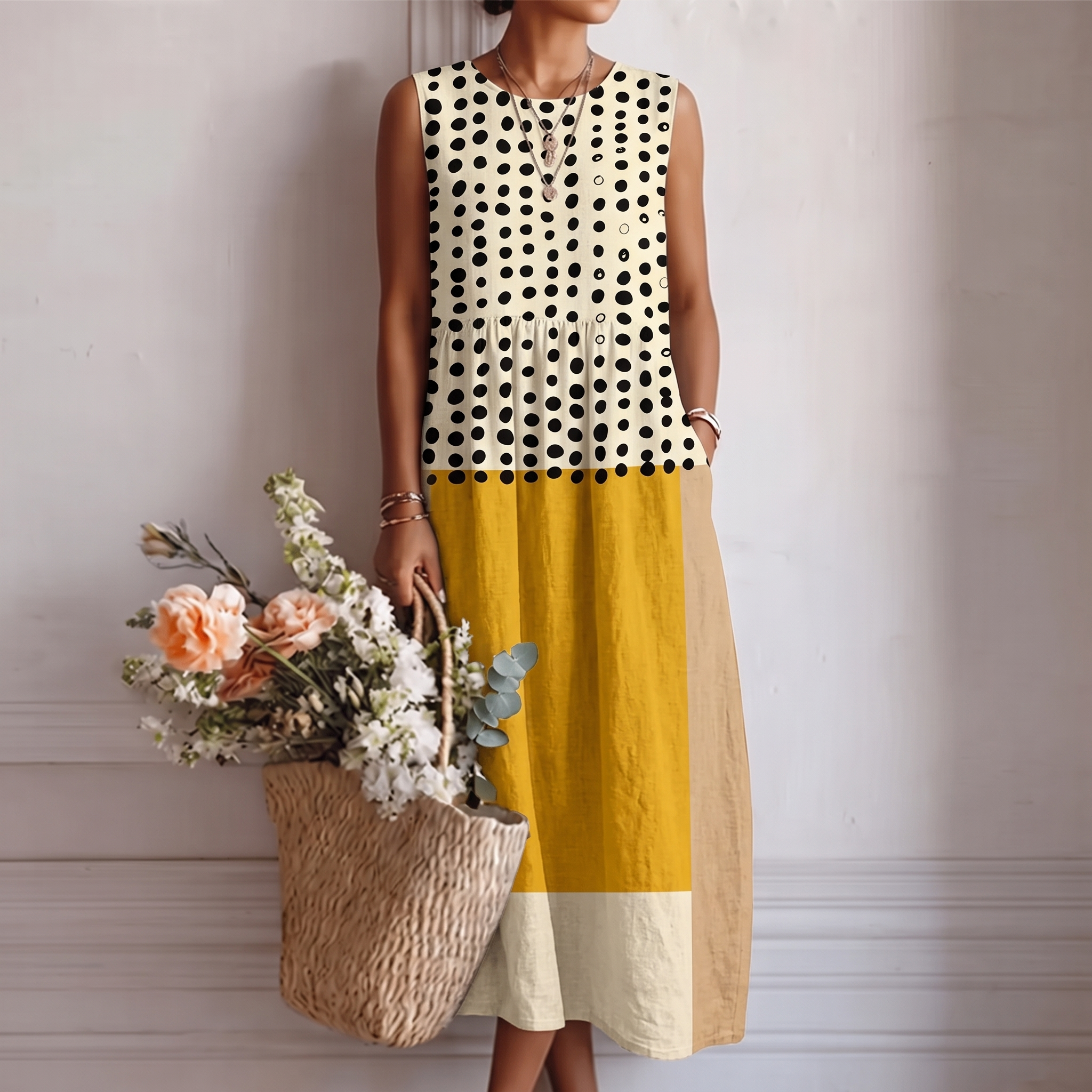 Robe midi femme sans manches à pois et blocs colorés