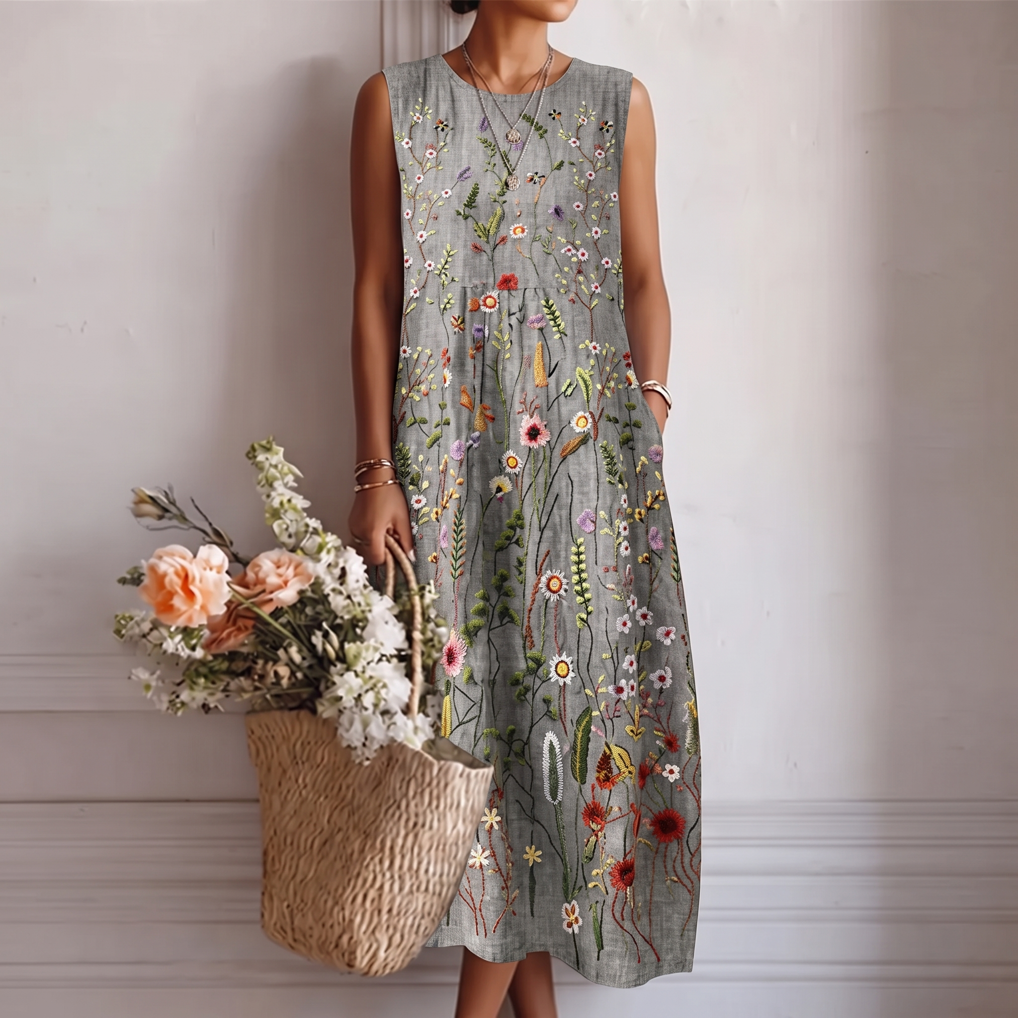 Robe midi femme brodée florale sans manches avec poches