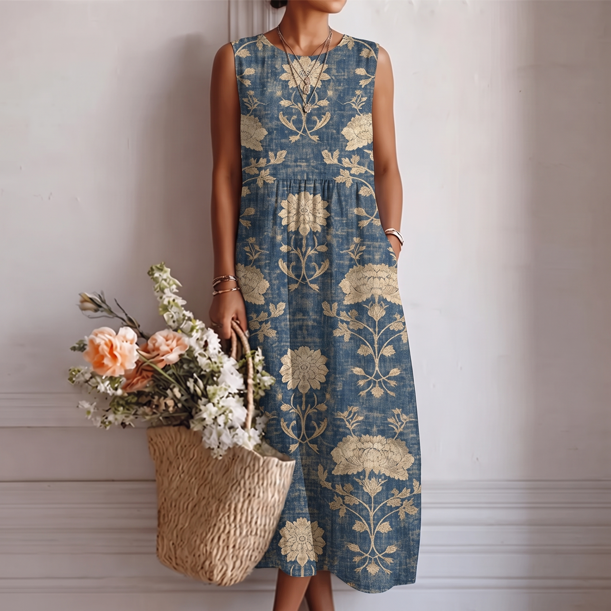 Robe midi femme fleurie sans manches à col rond
