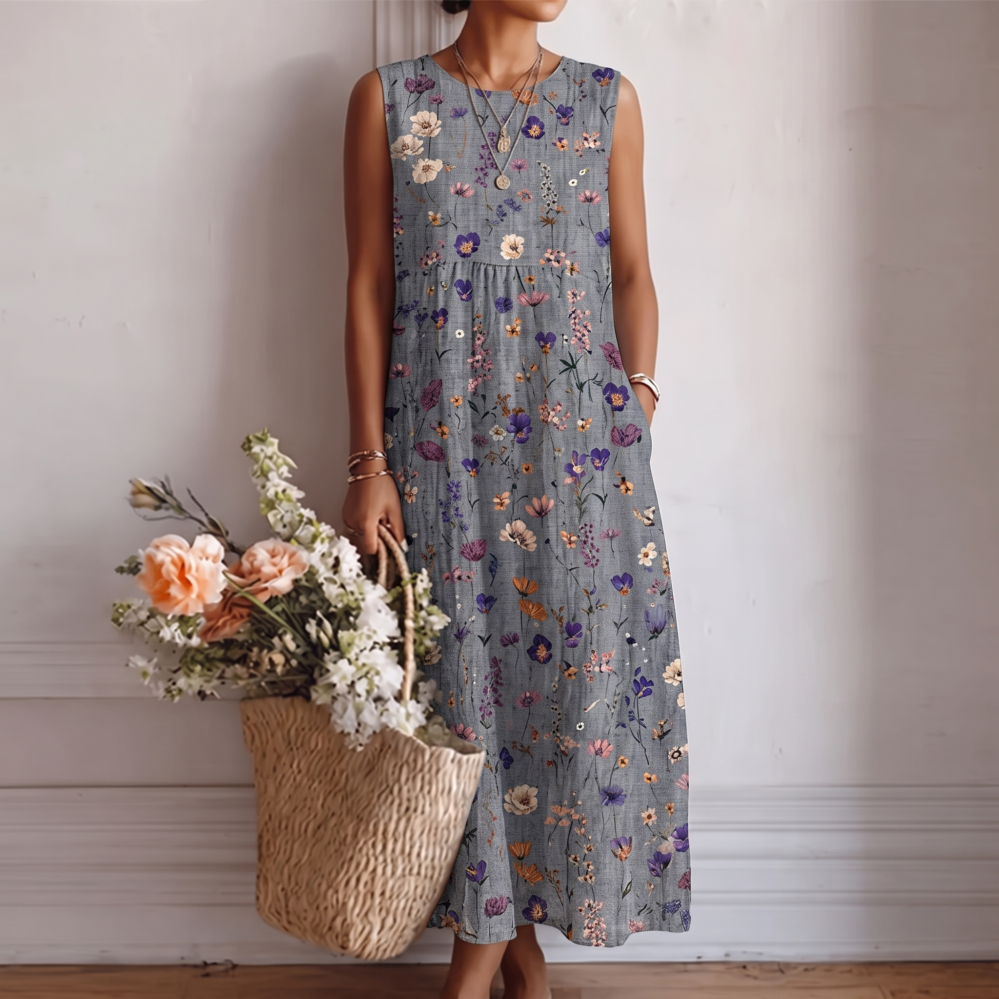 Robe midi femme fleurie sans manches avec poches
