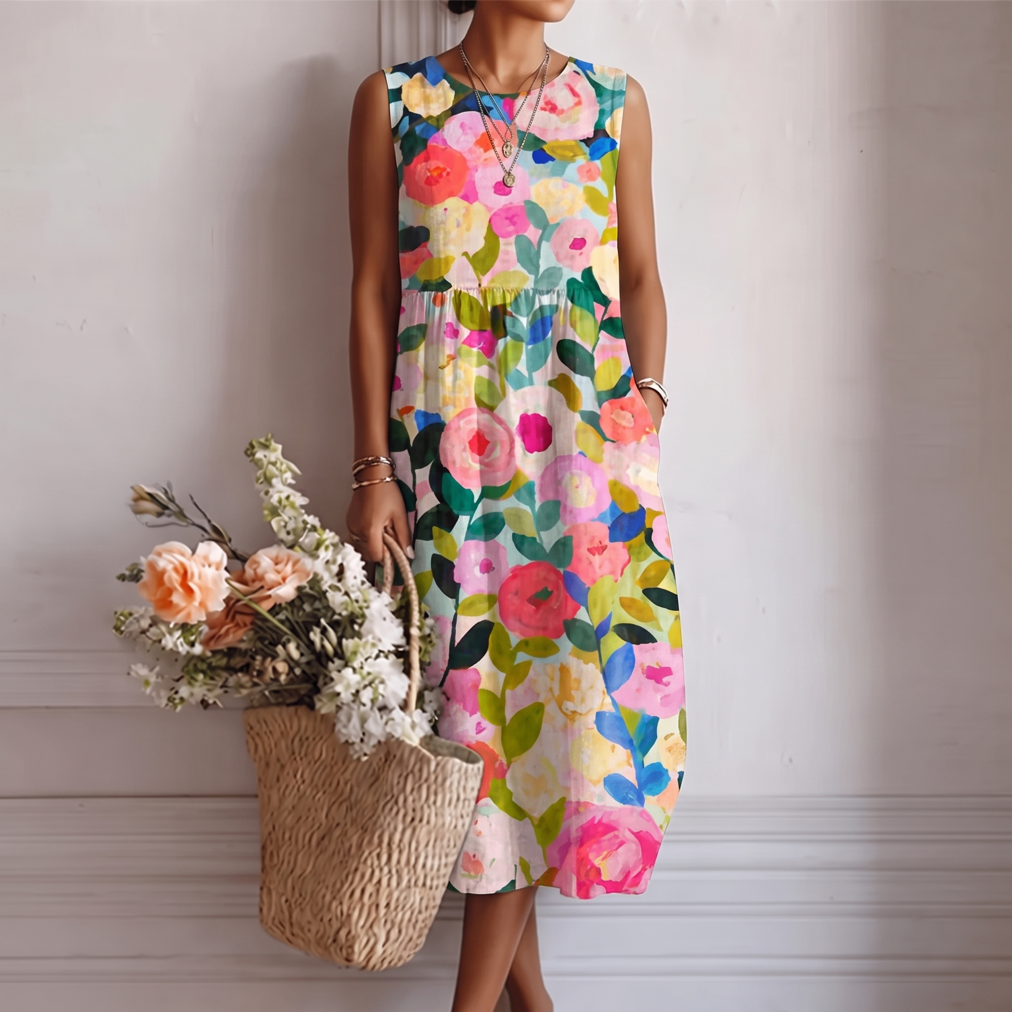 Robe midi femme fleurie sans manches en coton viscose