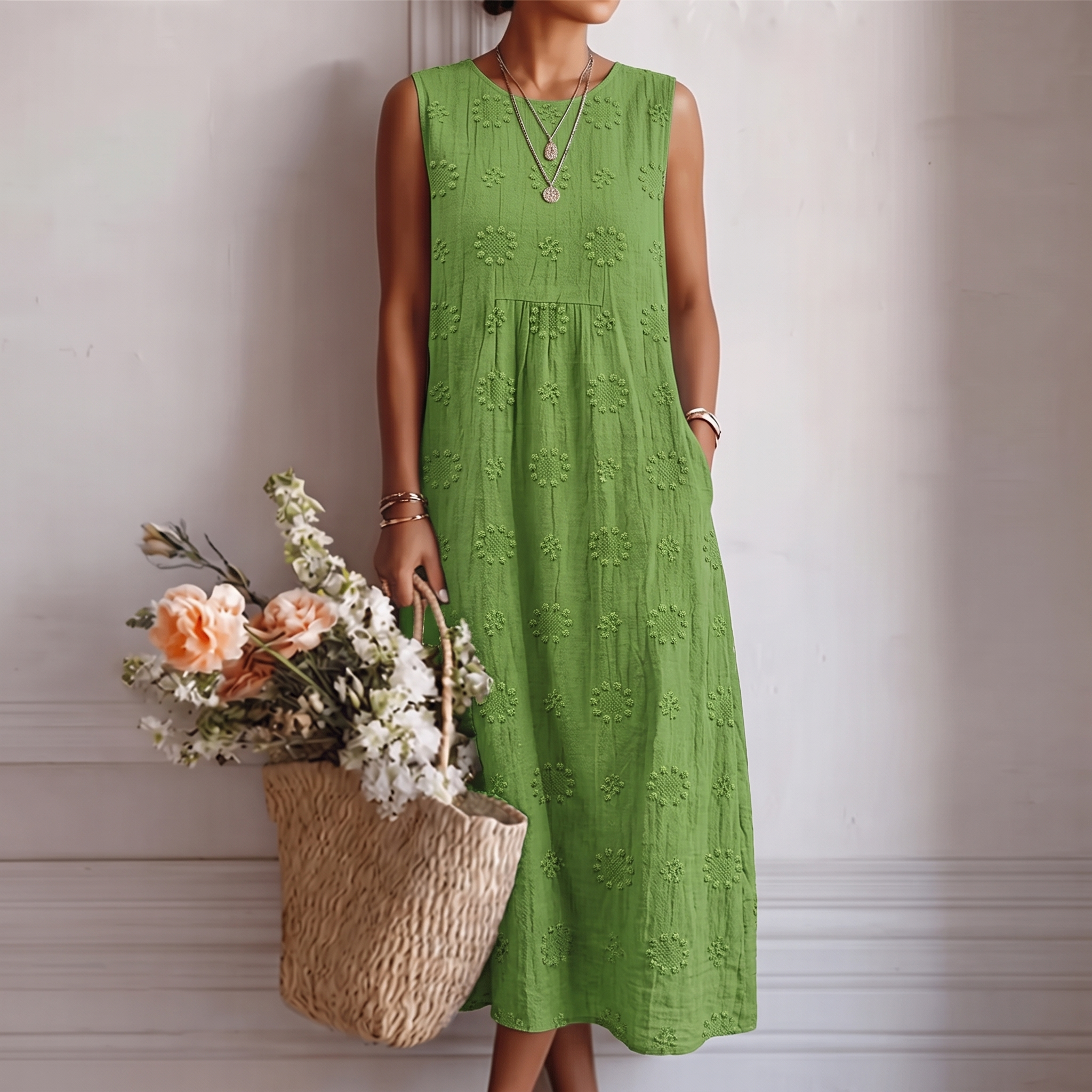 Robe midi femme verte brodée sans manches en coton viscose