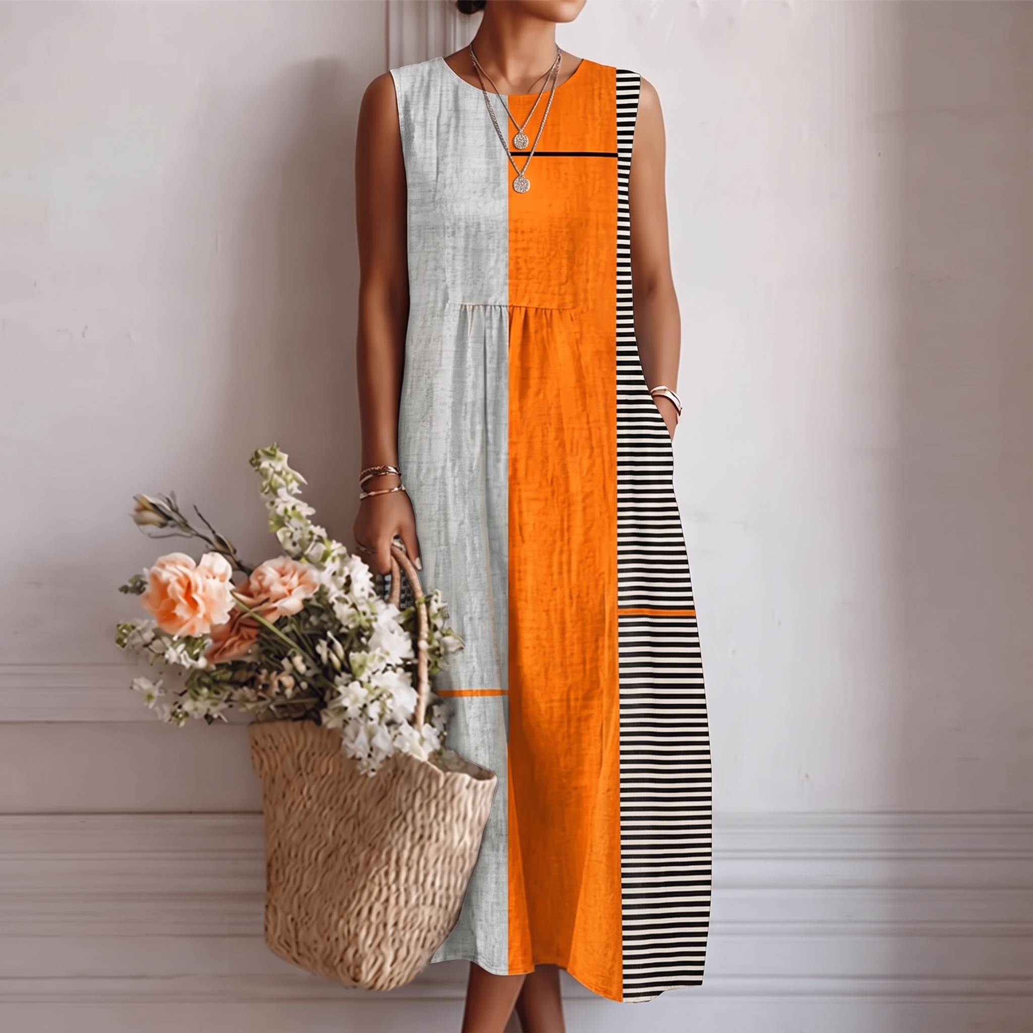 Robe midi femme sans manches color block à rayures
