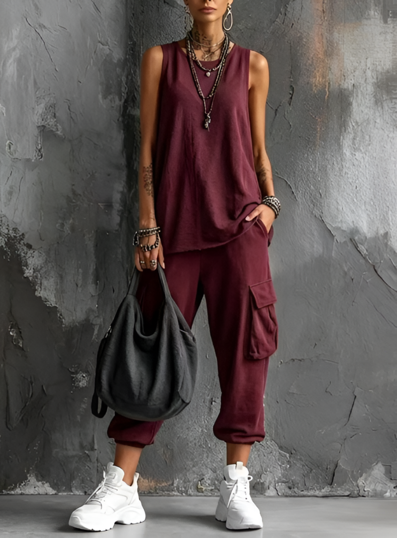 Ensemble femme décontracté avec top sans manches et pantalon cargo