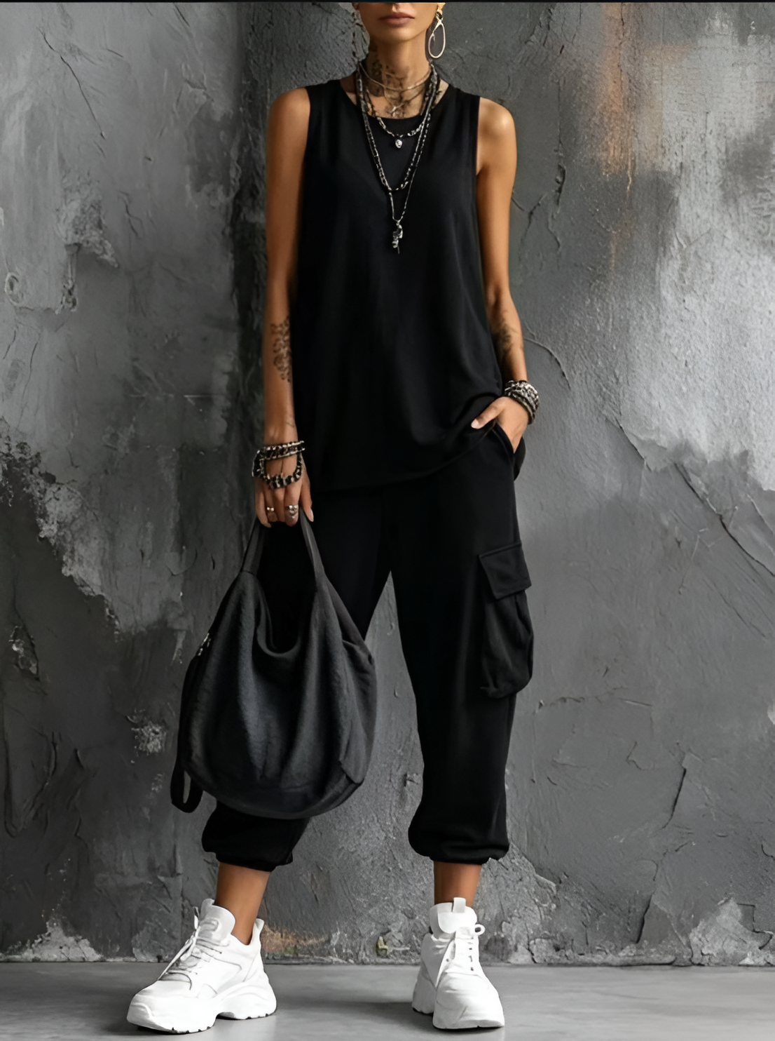 Ensemble femme décontracté avec top sans manches et pantalon cargo