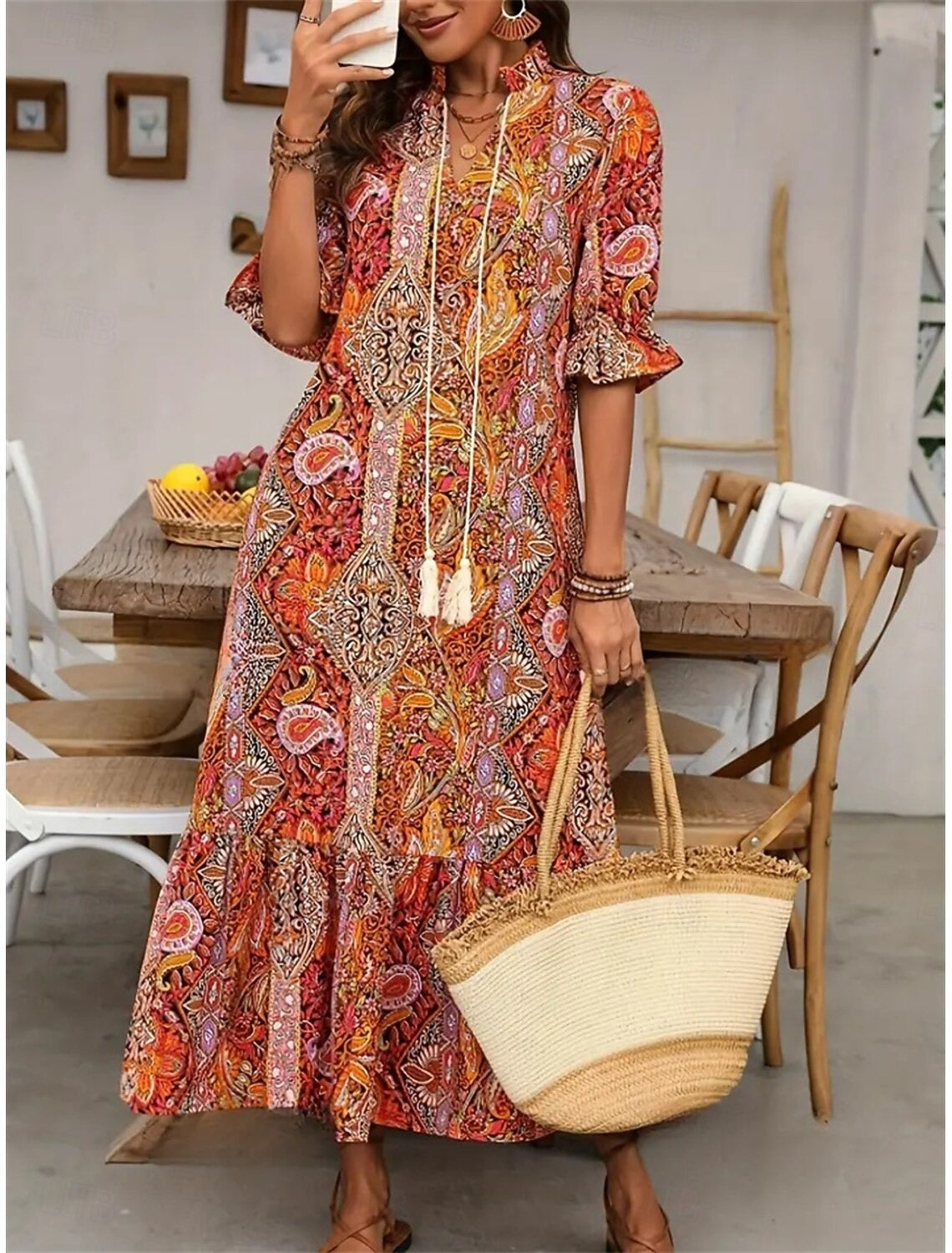 Robe bohème femme à imprimé cachemire et col V à pompons