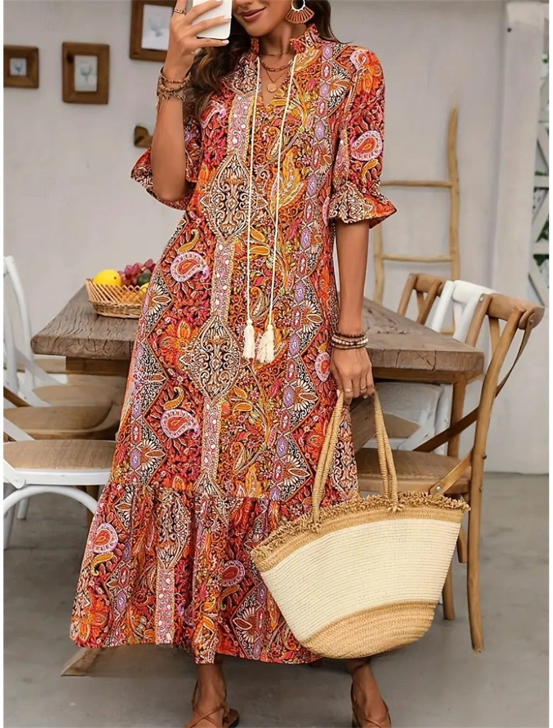 Robe bohème femme à imprimé cachemire et col V à pompons