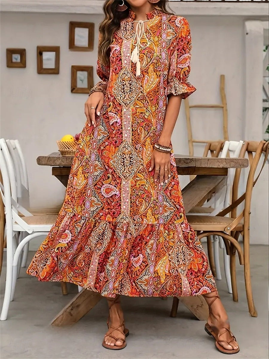 Robe bohème femme à imprimé cachemire et col V à pompons