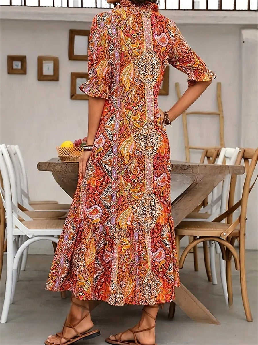 Robe bohème femme à imprimé cachemire et col V à pompons