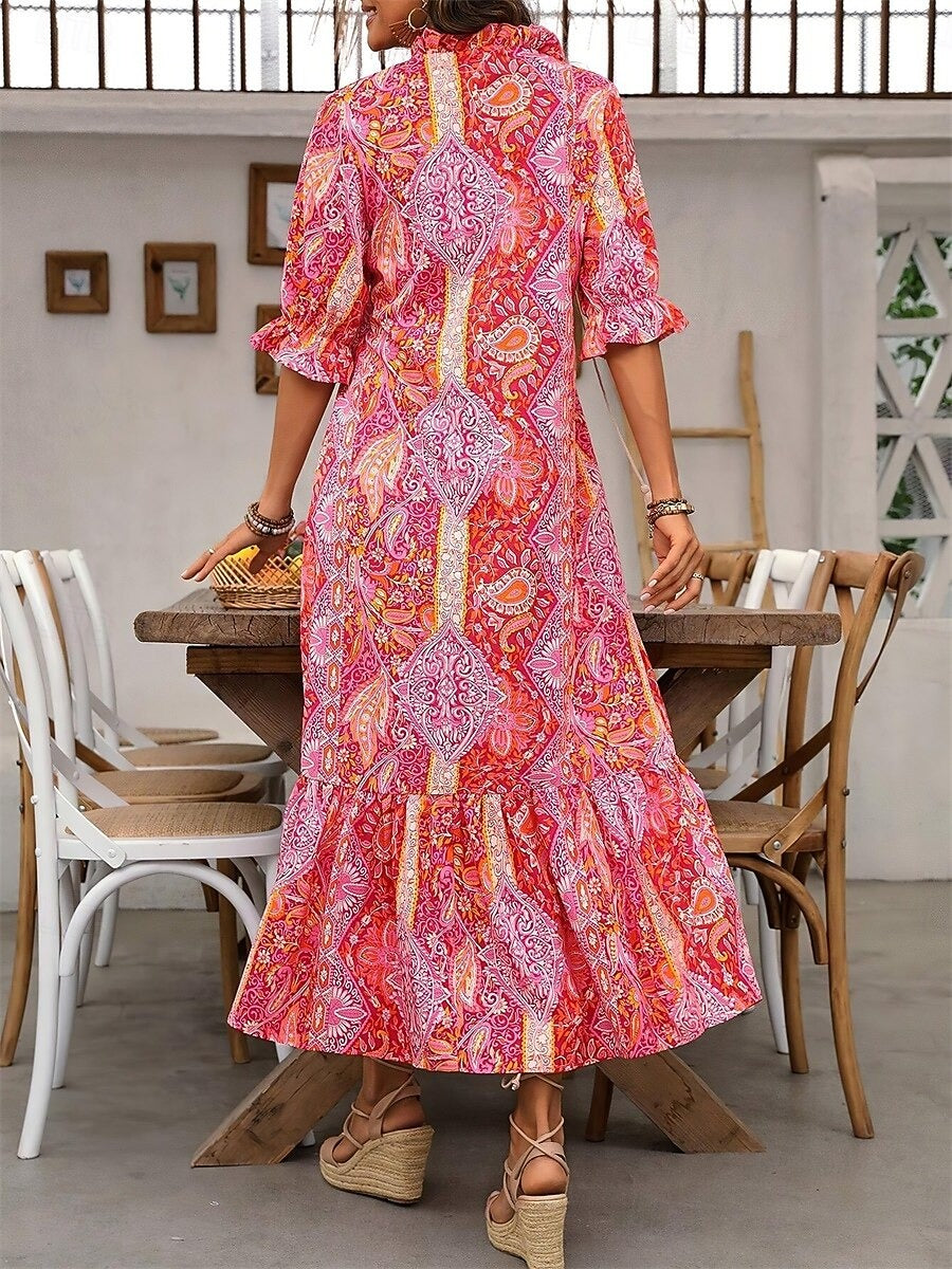 Robe bohème femme à imprimé cachemire et col V à pompons
