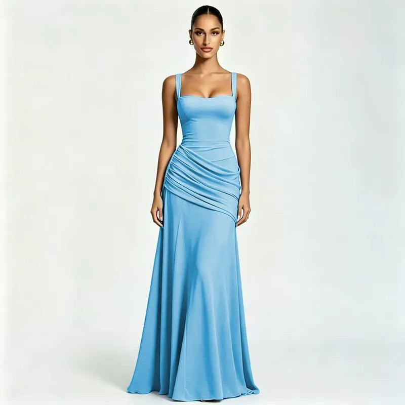 Robe maxi femme col carré froncé avec laçage au dos
