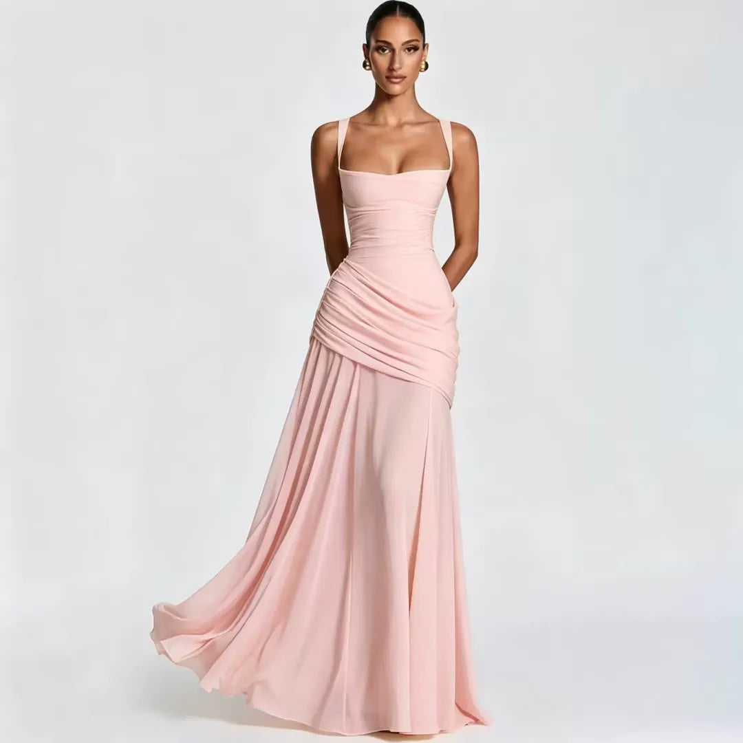 Robe maxi femme col carré froncé avec laçage au dos