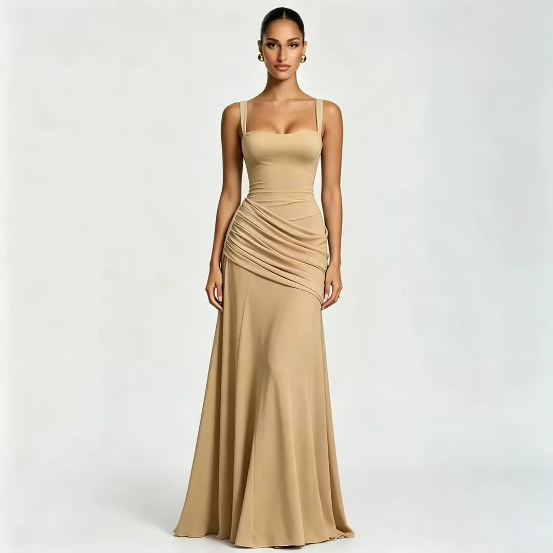 Robe maxi femme col carré froncé avec laçage au dos