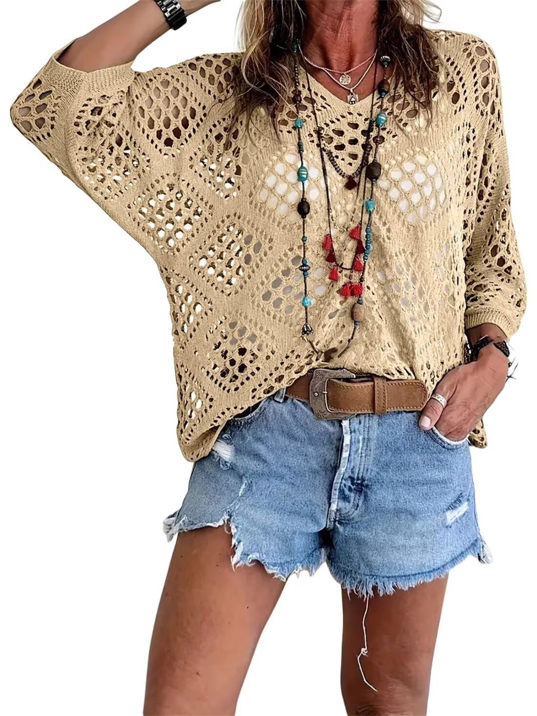 Haut femme en crochet ajouré à col V style bohème