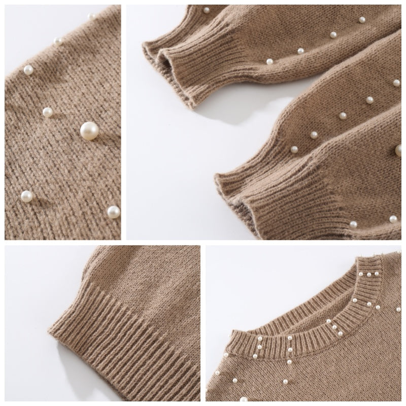 Pull femme à perles et manches bouffantes