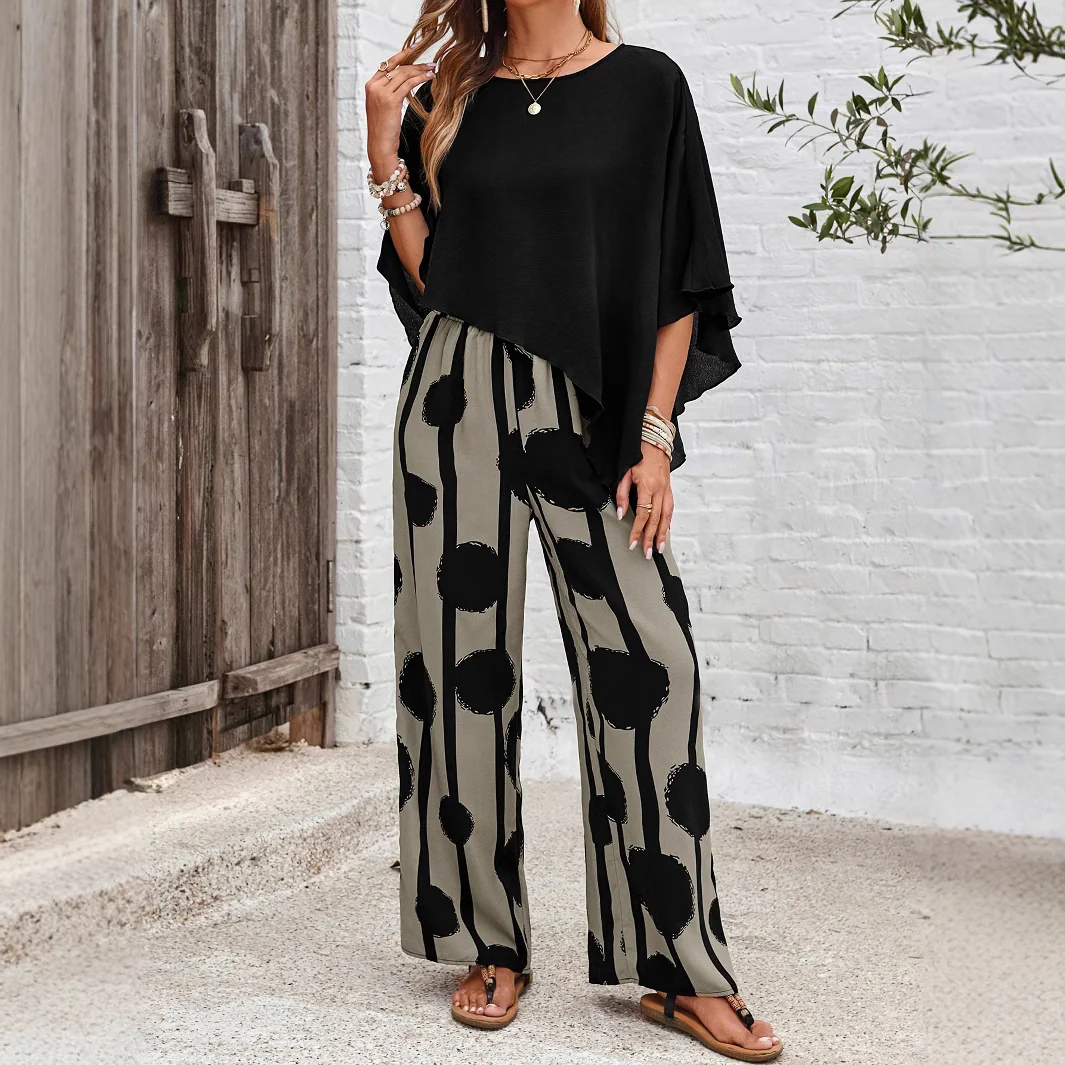 Ensemble Femme Élégant Deux Pièces Imprimé Moderne Coupe Fluide