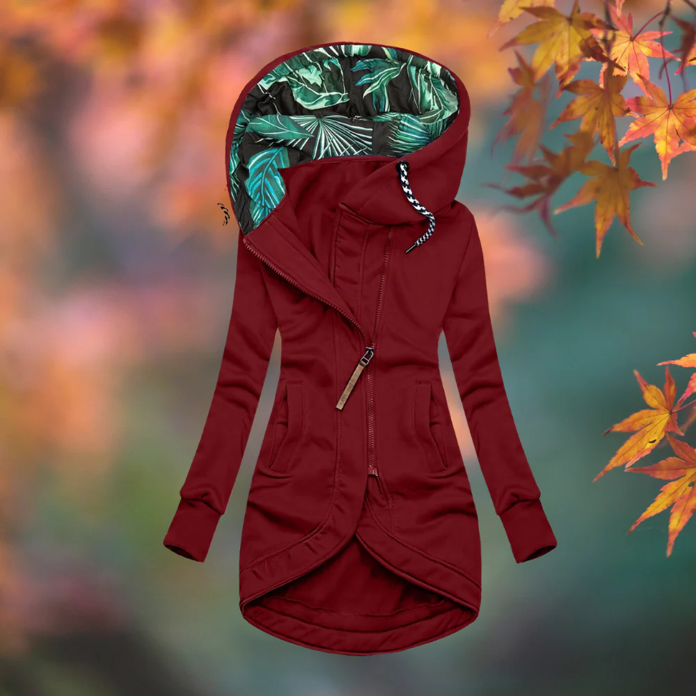 Veste femme longue à capuche avec fermeture zippée