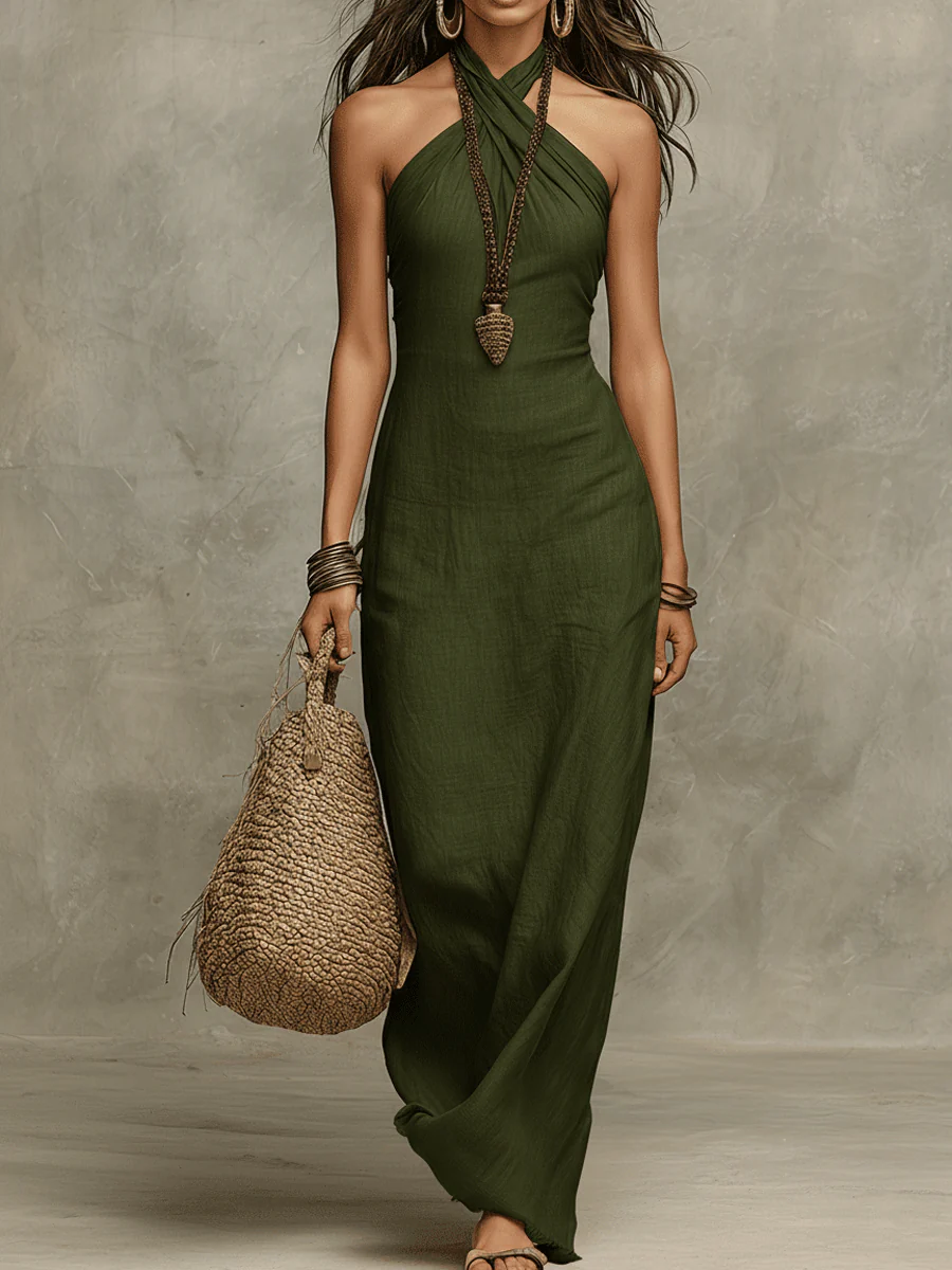 Robe maxi femme en lin à col halter élégant et coupe fluide