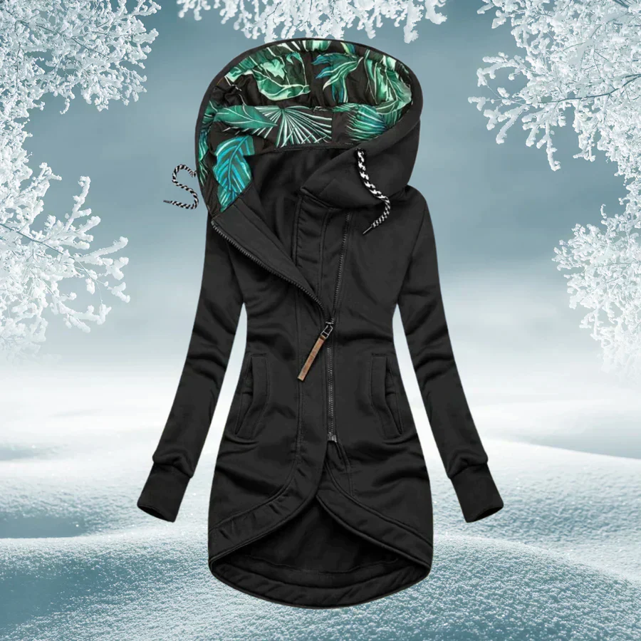 Veste femme longue à capuche avec fermeture zippée