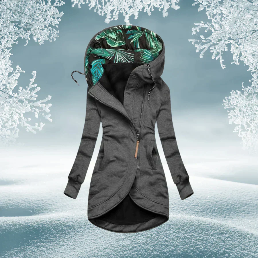 Veste femme longue à capuche avec fermeture zippée