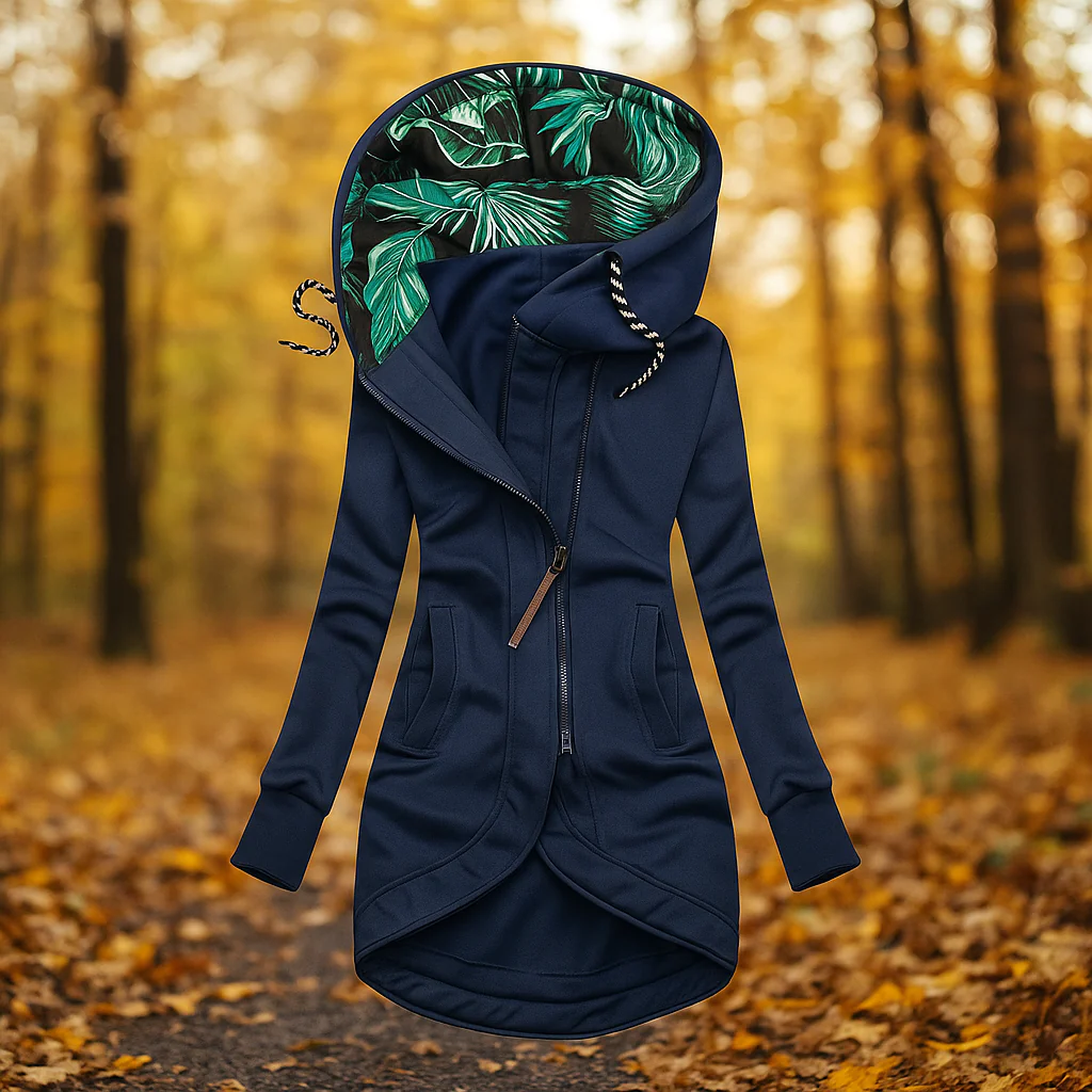 Veste femme longue à capuche avec fermeture zippée