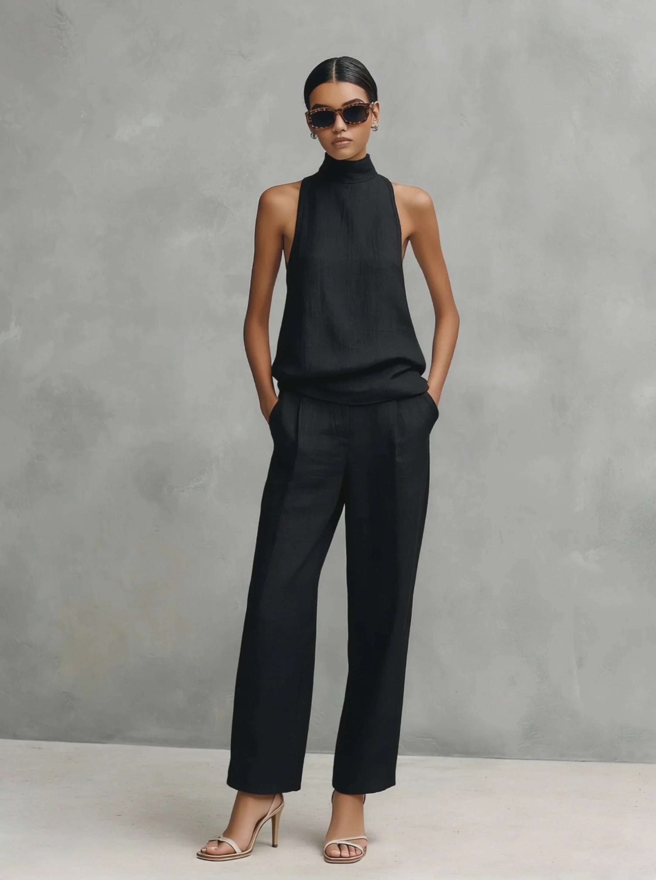 Ensemble femme en coton et lin avec col montant et pantalon fluide
