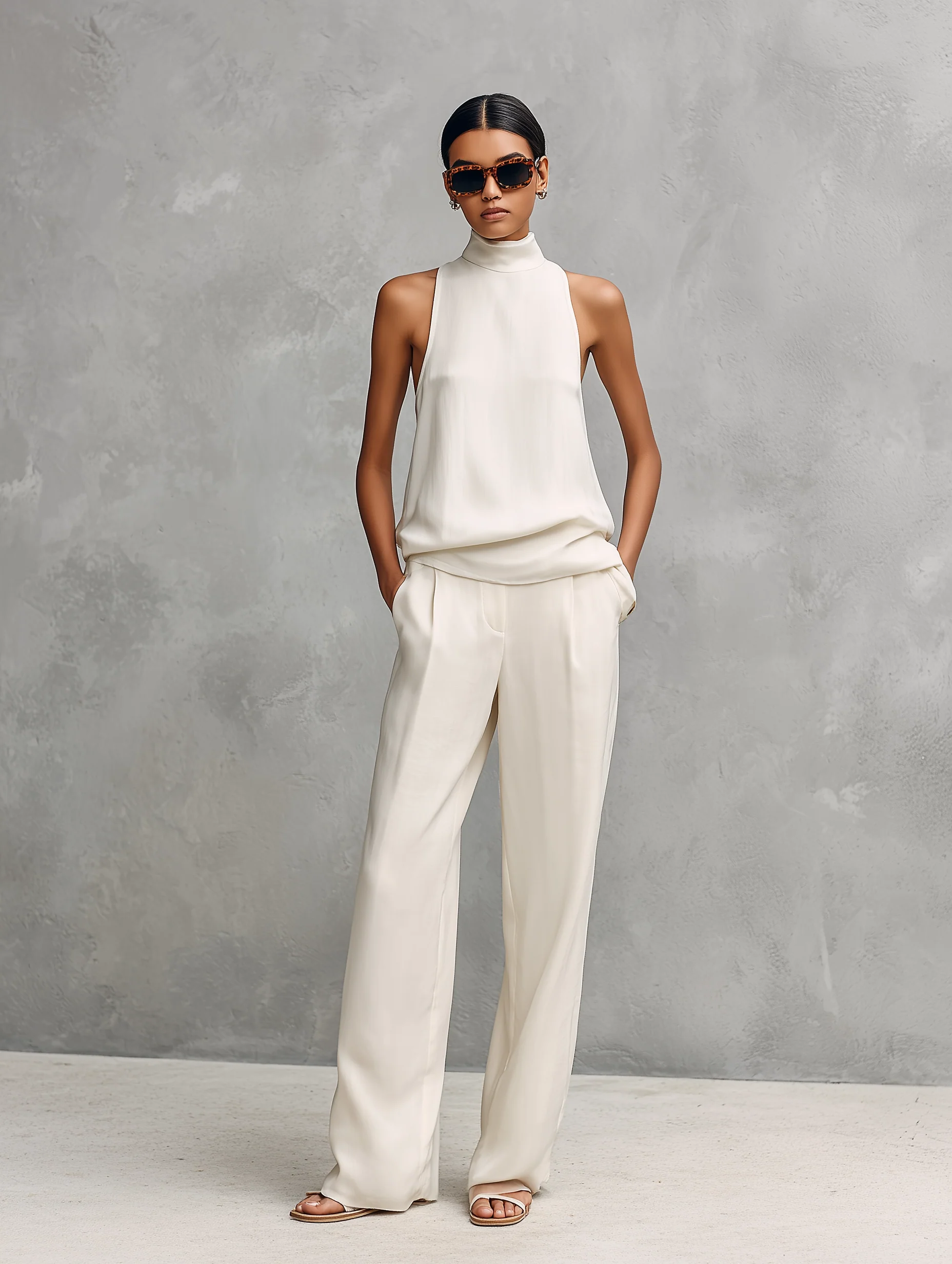 Ensemble femme en coton et lin avec col montant et pantalon fluide