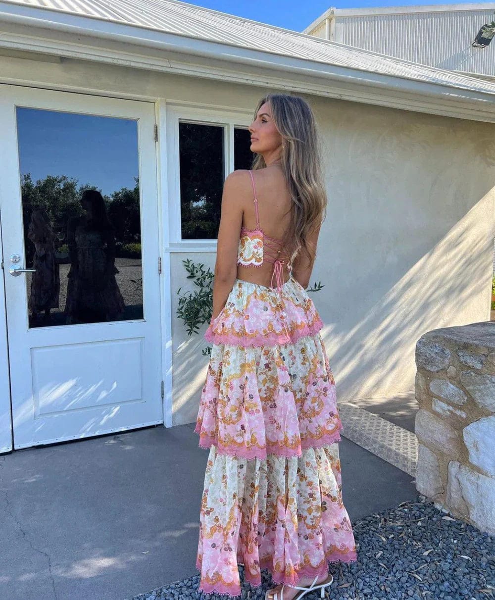 Robe Longue Bohème à Volants Imprimés