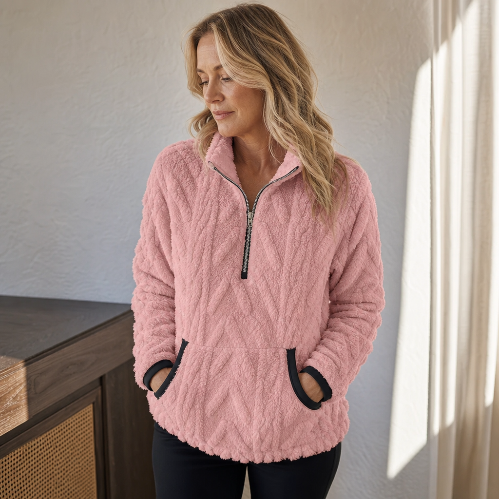 Pull polaire femme demi-zip avec poche kangourou