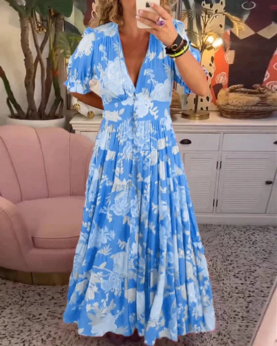 Robe Longue Femme Fluide Imprimée Col V avec Poches pour Style Élégant et Confort Estival