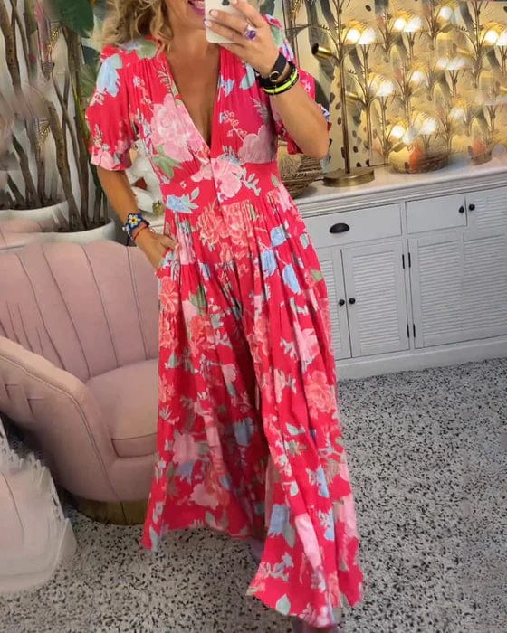 Robe Longue Femme Fluide Imprimée Col V avec Poches pour Style Élégant et Confort Estival