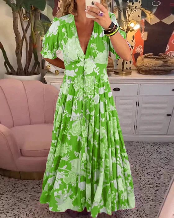 Robe Longue Femme Fluide Imprimée Col V avec Poches pour Style Élégant et Confort Estival