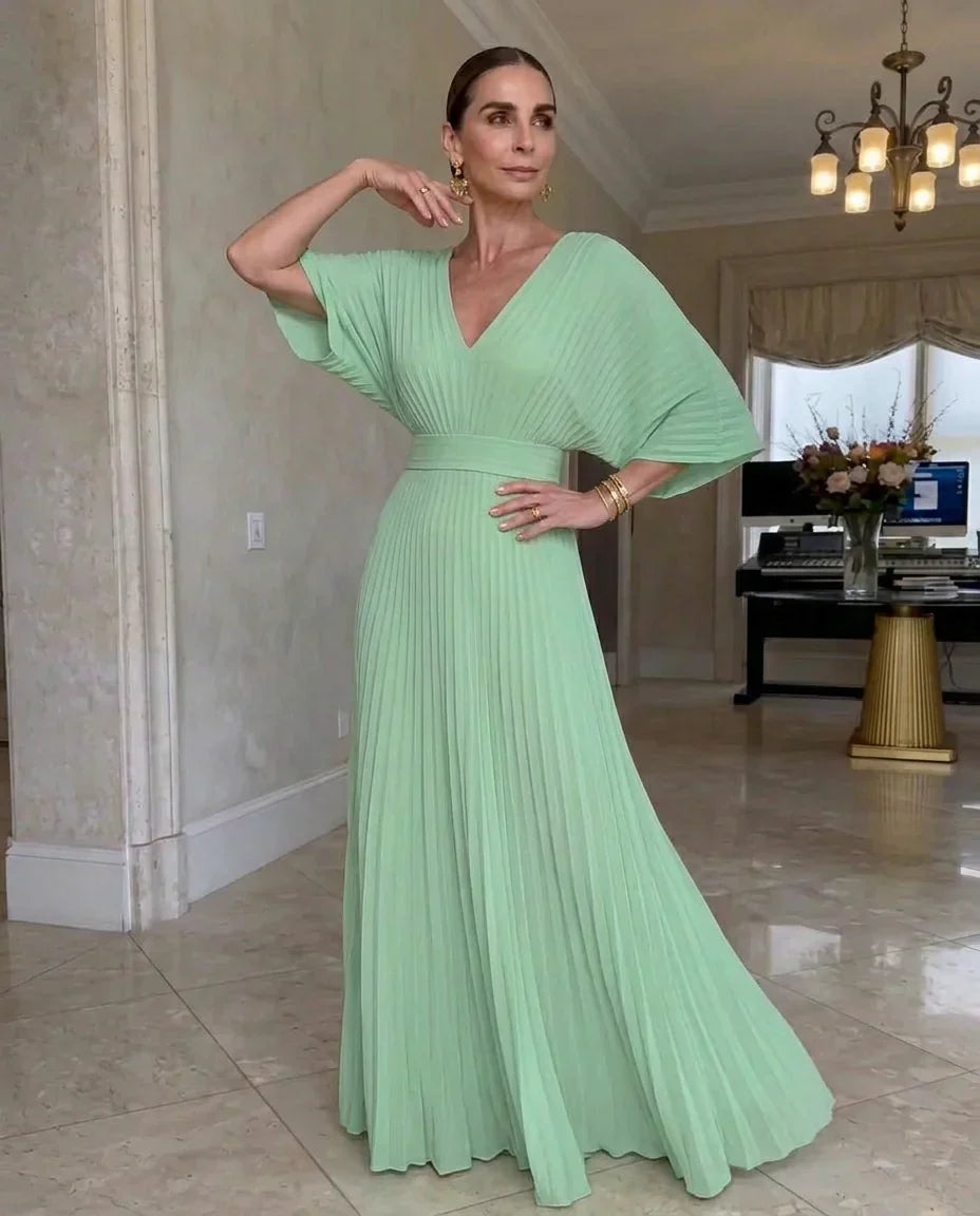 Robe Maxi Plissée Élégante avec Décolleté en V