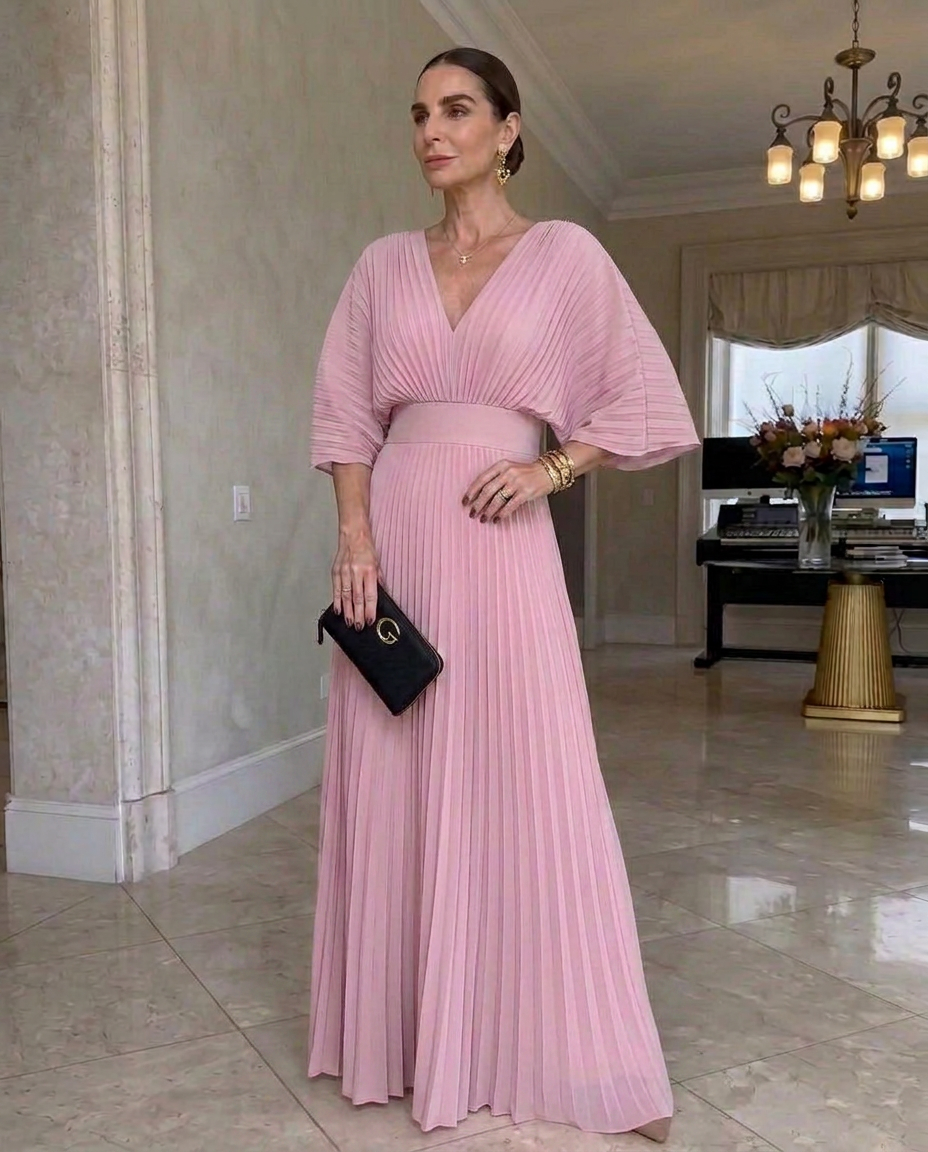 Robe Maxi Plissée Élégante avec Décolleté en V