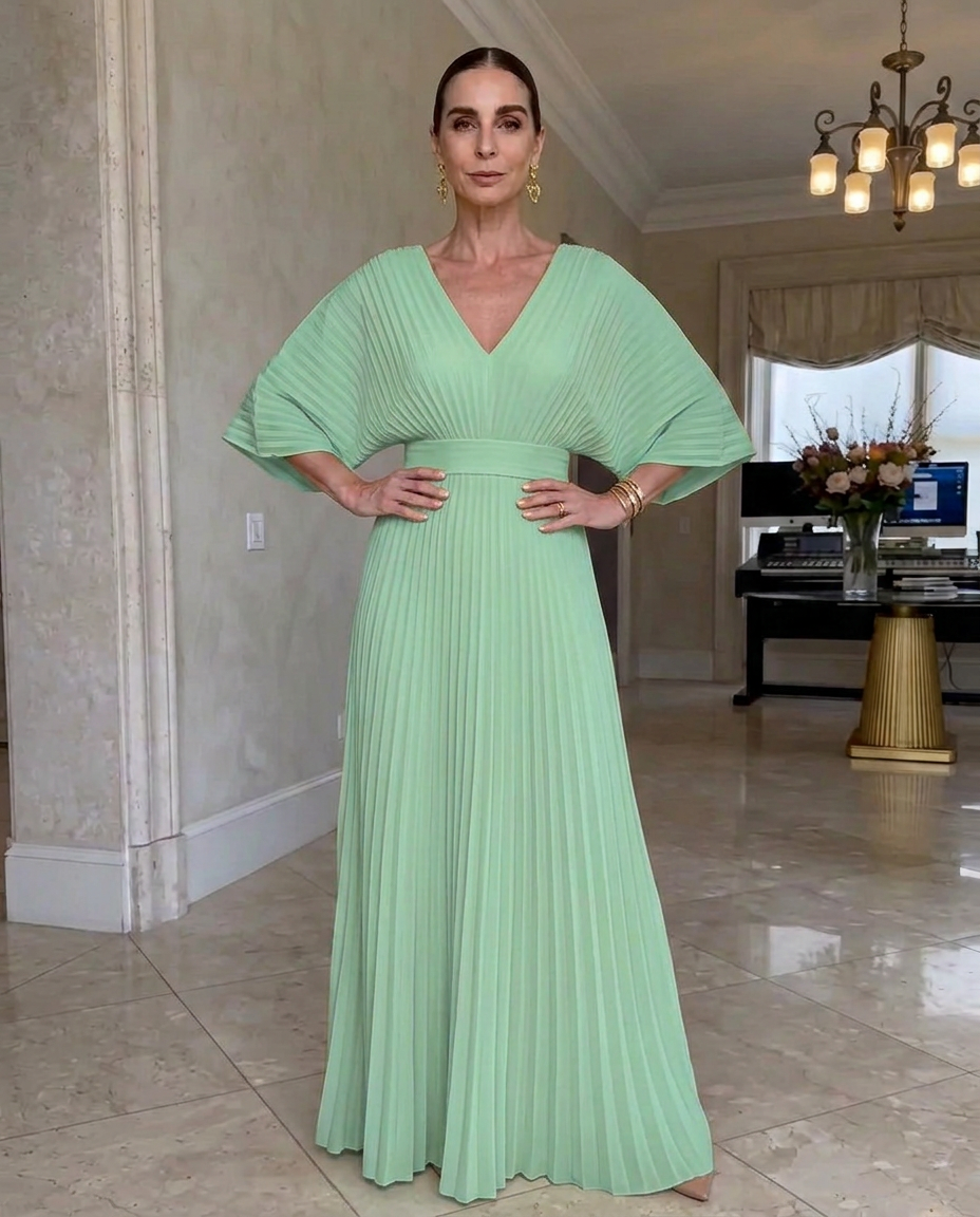 Robe Maxi Plissée Élégante avec Décolleté en V