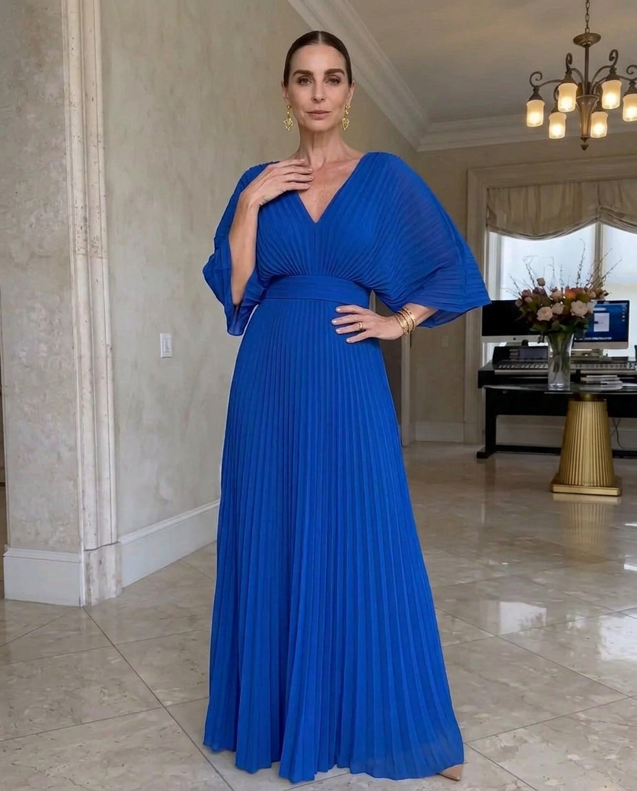 Robe Maxi Plissée Élégante avec Décolleté en V