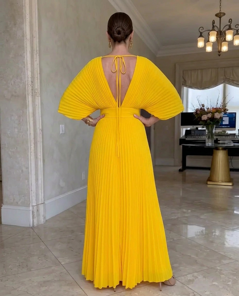 Robe Maxi Plissée Élégante avec Décolleté en V
