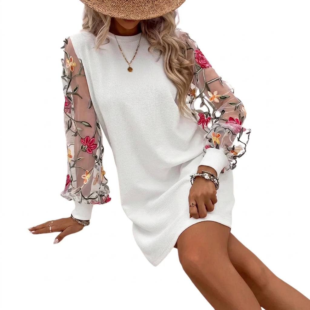 Robe Femme Élégante avec Manches Transparentes Brodées Florales