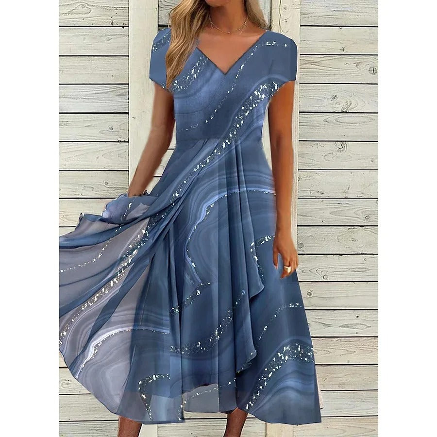 Robe Midi Femme Imprimée Fluide Col V pour Style Élégant et Confort Quotidien