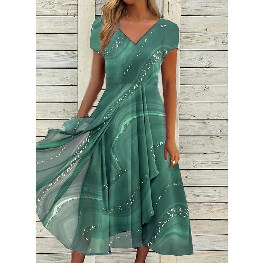 Robe Midi Femme Imprimée Fluide Col V pour Style Élégant et Confort Quotidien