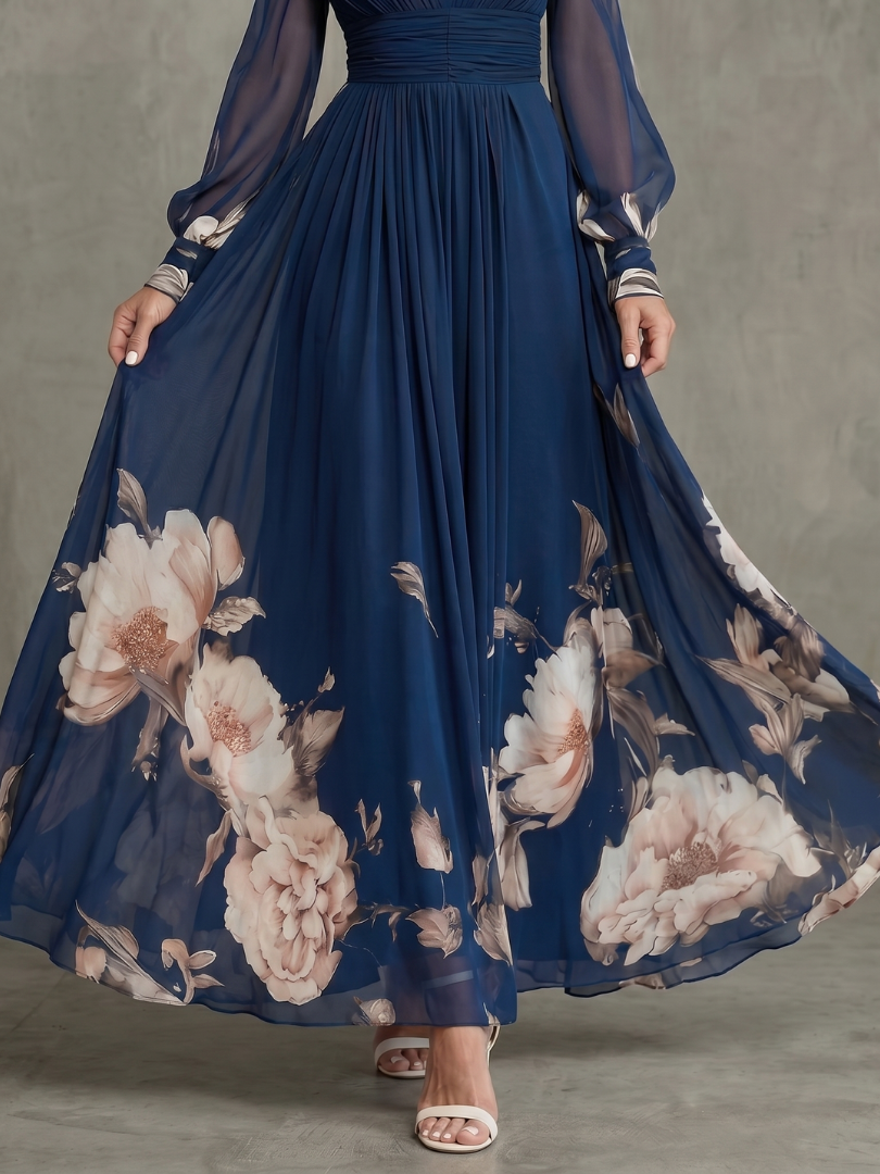 Robe maxi femme à manches transparentes avec ourlet floral