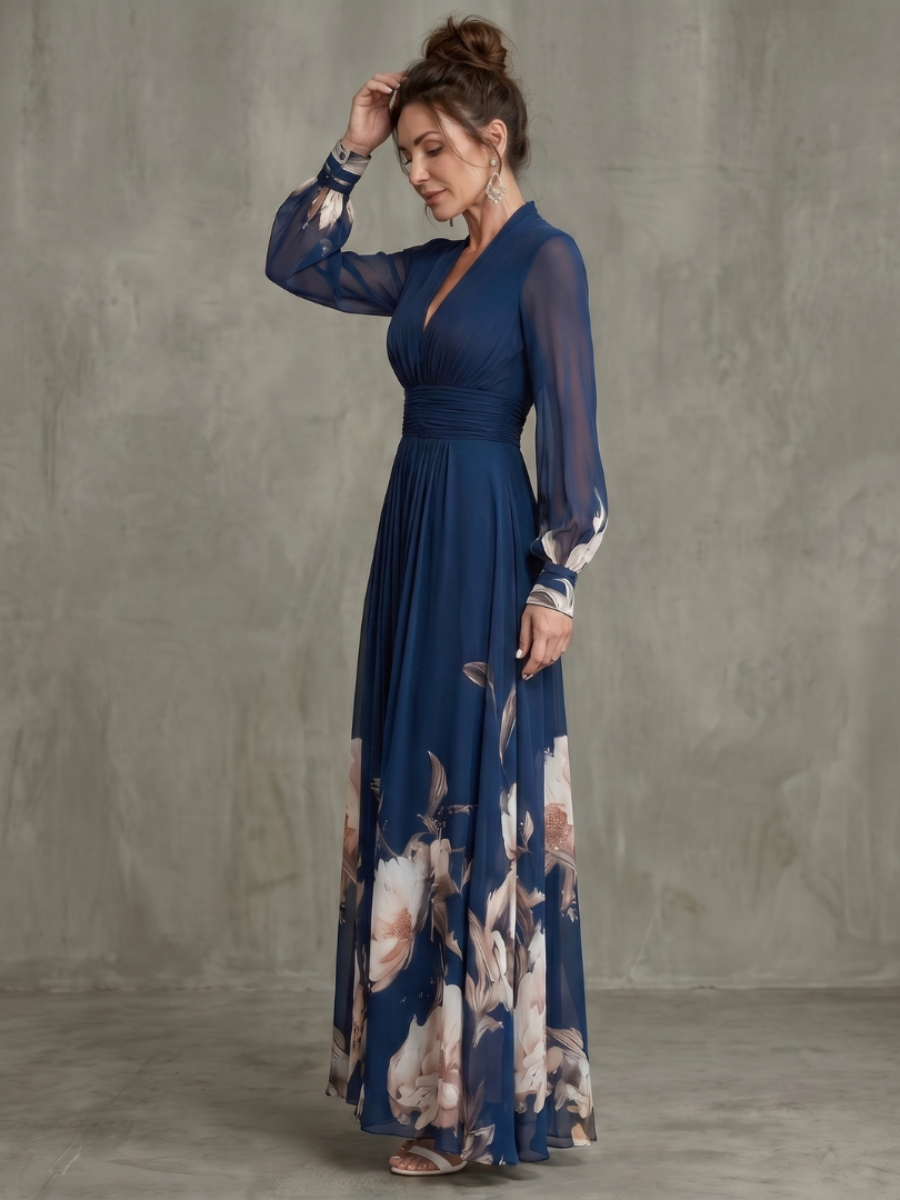 Robe maxi femme à manches transparentes avec ourlet floral