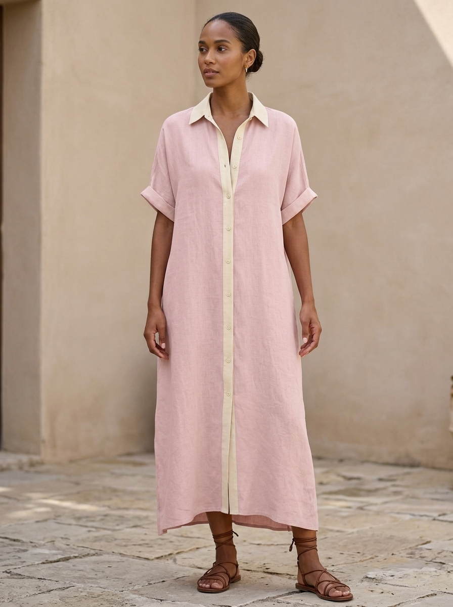 Robe chemise midi pour femmes en noir avec des boutons contrastants