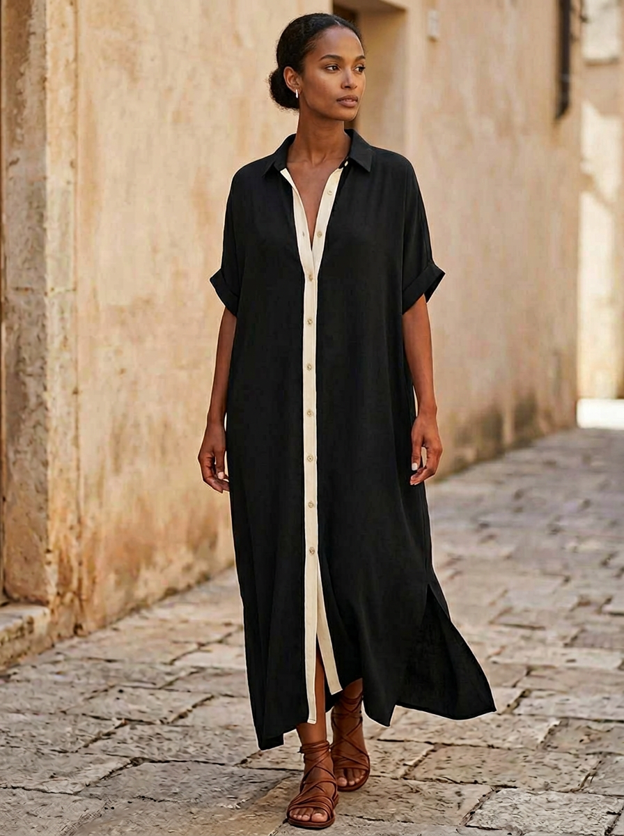 Robe chemise midi pour femmes en noir avec des boutons contrastants